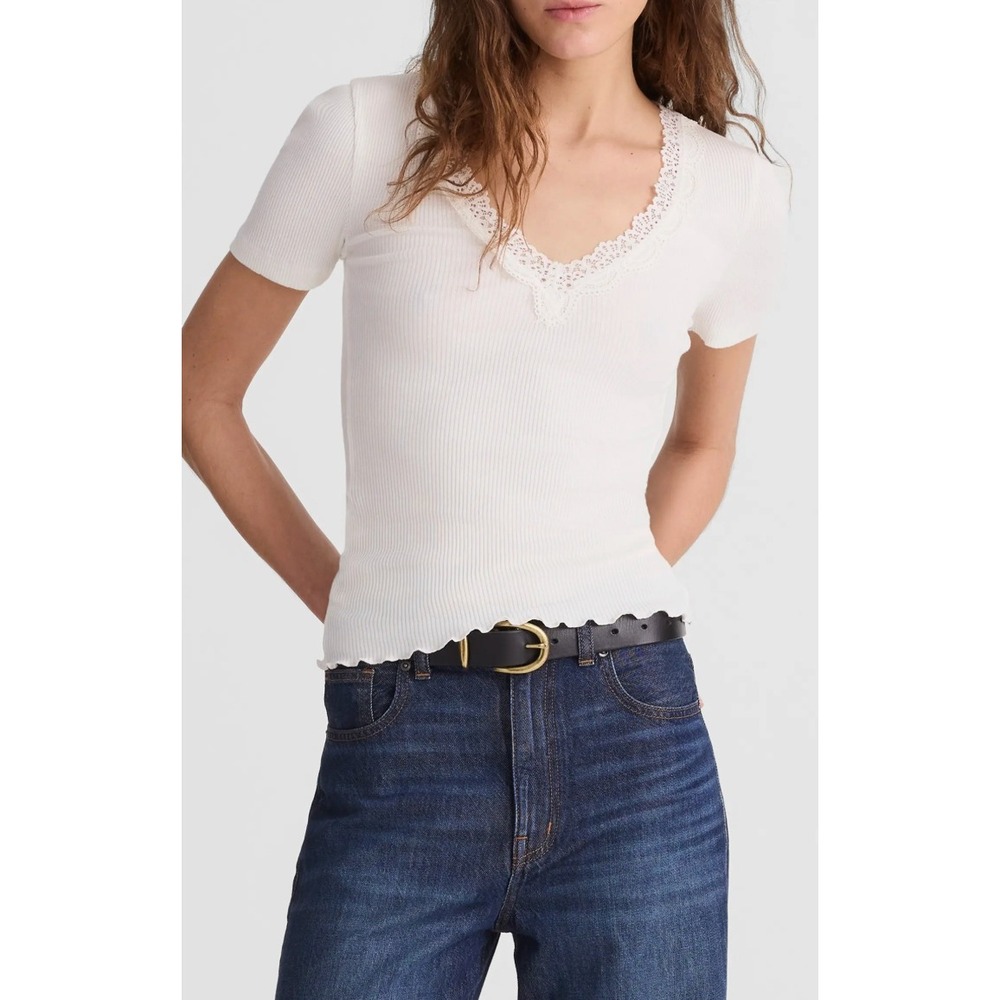 Madewell Lace Trim Ribbed V Neck Tee Soft Girl Coastal Basic White XL